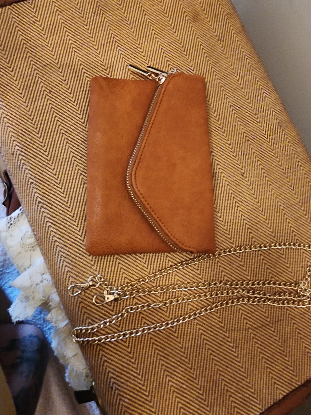 Tan Envelope Crossbody Wallet with Gold Chain